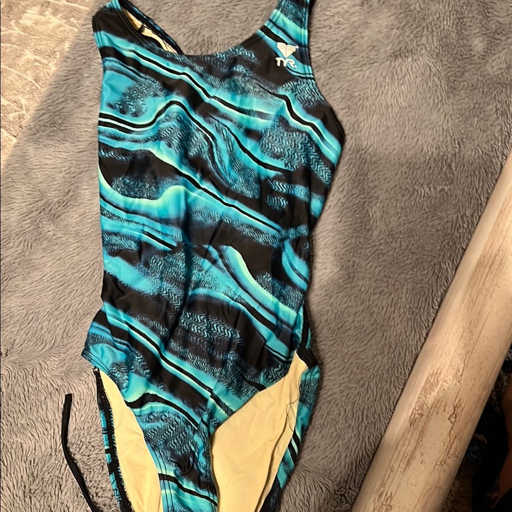 TYR Aqua and Black Wave Swimsuit